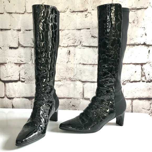 STUART WEITZMAN Croc Embossed 50/50 Ltd Edition Black Patent Leather Heel Boot 4 - Picture 9 of 16